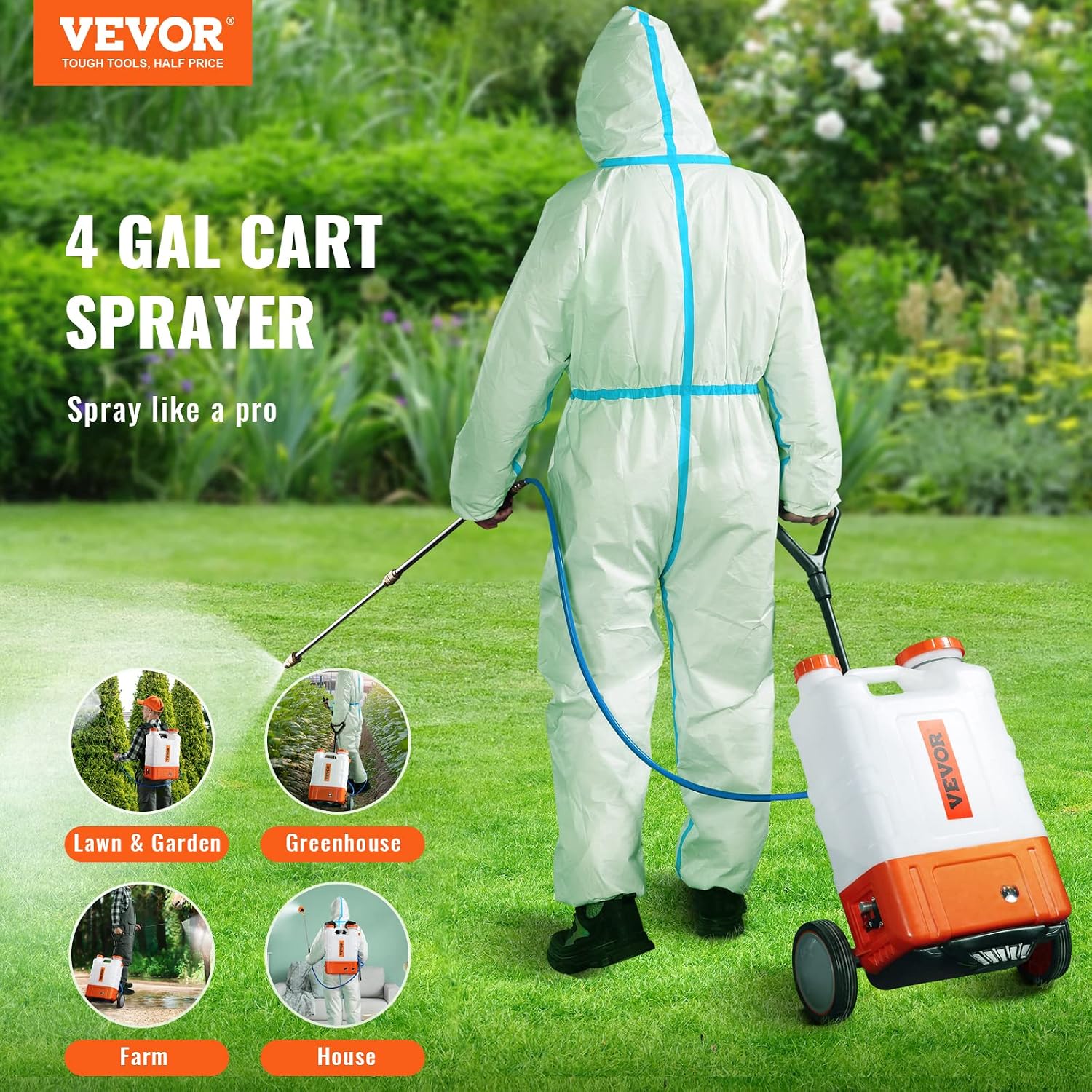 Pulvérisateur à Dos avec Chariot, Pression réglable 0-94 PSI, réservoir 15 L sur Roues, avec 8 Buses, 2 Baguettes, Couvercle à Large Ouverture pour Jardin, désherbage, pulvérisation, Nettoyage