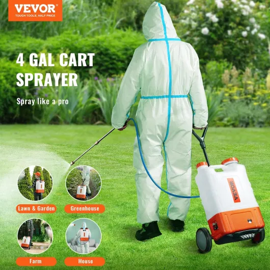 Pulvérisateur à Dos avec Chariot, Pression réglable 0-94 PSI, réservoir 15 L sur Roues, avec 8 Buses, 2 Baguettes, Couvercle à Large Ouverture pour Jardin, désherbage, pulvérisation, Nettoyage
