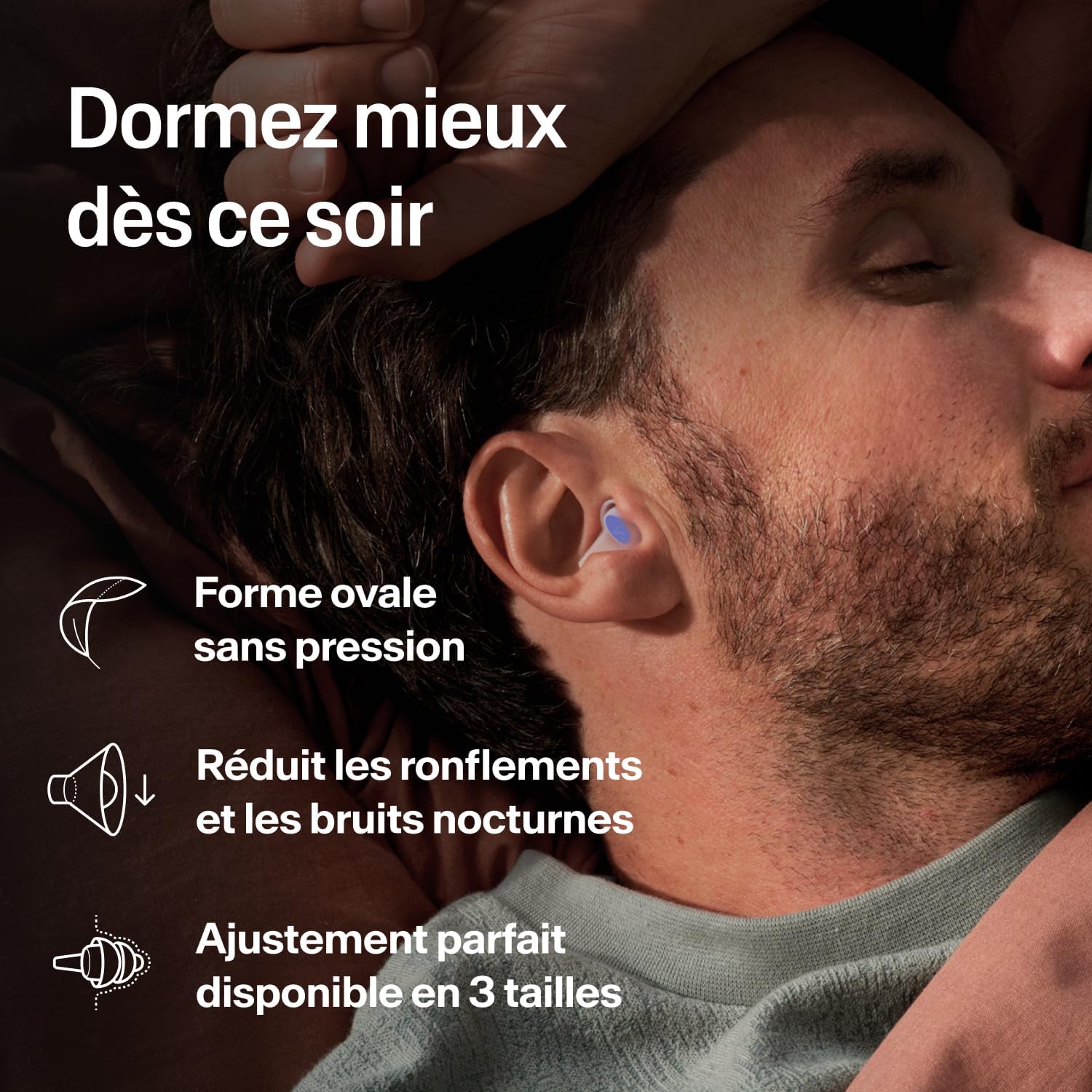 SleepDeep Bouchons d'Oreilles pour Dormir – Dormeurs sur le Côté & Ronflement – Bouchons Ultra-doux Réducteurs de Bruit – 27 dB SNR – Hypoallergéniques, Sans Silicone – 3 Paires (S, M, L) Blanc/Violet Multi