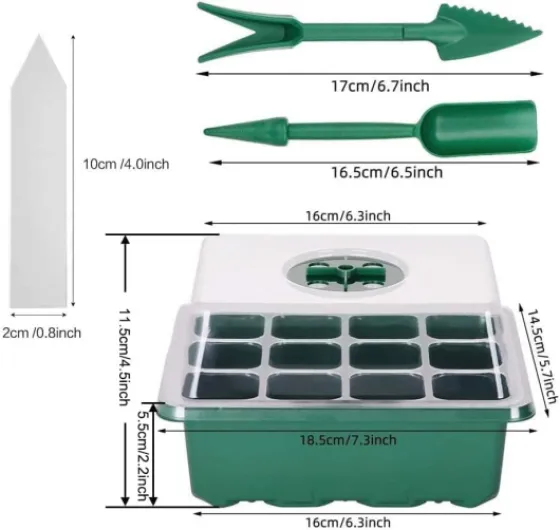 Lot de 12 bacs à semis avec couvercles, 144 cellules, Mini-serres - PET épaissi, aérations réglables, trous de drainage, outils inclus, pour semis et germination en serre intérieure Vert 12 cell 12pcs