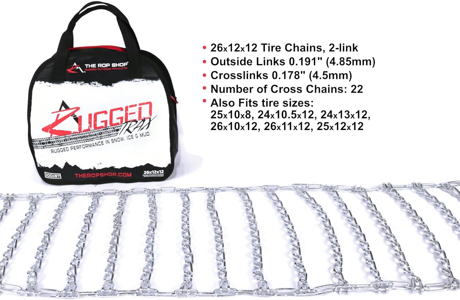 The ROP Shop Lot de 2 chaînes de pneu à maillons 25 x 12 x 12 pour souffleuse à neige, tracteurs de pelouse et de jardin, tondeuses et cyclistes, UTV, VTT, 4 roues, véhicules utilitaires 25x12x12 Sans tendeurs