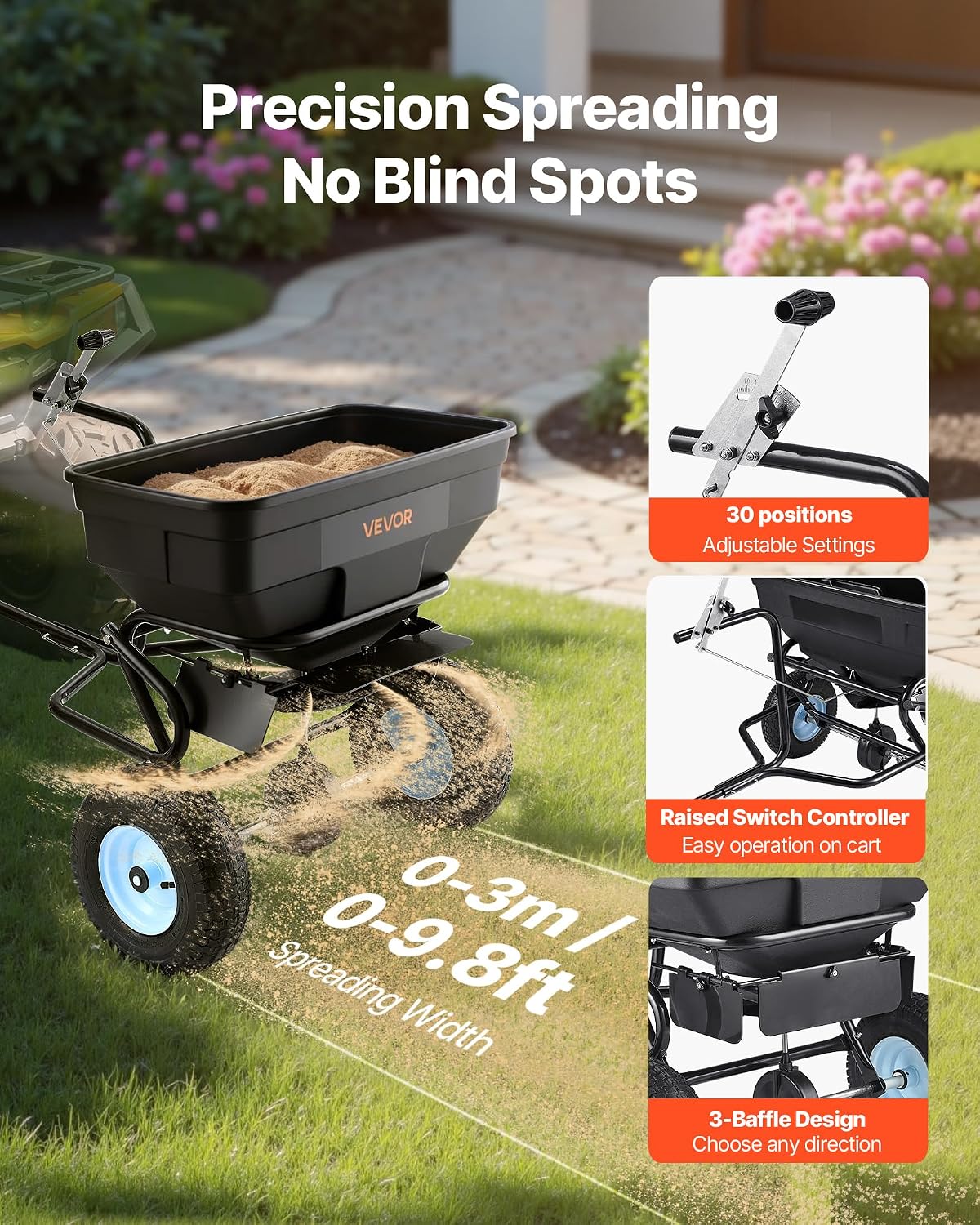 Épandeur Engrais Tracté Capacité 59 kg Épandeur à Semence à Remorquer Largeur Épandage 0-3 m Semoir à Pousser pour Graines, Sel Déneigement, Semer Jardinage, Pelouse, Gazon, avec Roues 33 cm
