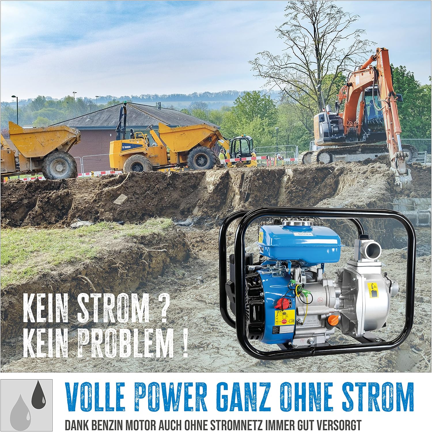 Güde 94503 Kit de motopompe GMP 15.22, moteur 4 temps, débit : 15 000 l/h, hauteur maximale de refoulement : 22 m, motopompe à essence, bleue, noire Classique