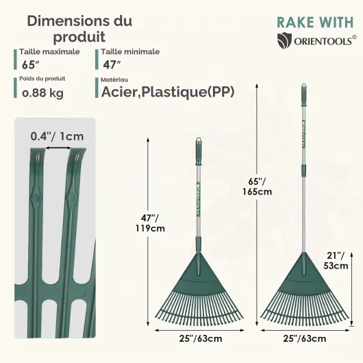 ORIENTOOLS Rateau a Feuille de Jardin, Râteau à Arbustes Réglable en Polyéthylène à Manche en Acier Léger, Tête en Plastique (Vert 26 Dents) - Feuilles légères et réglables pour ramasser les débris d'arbustes